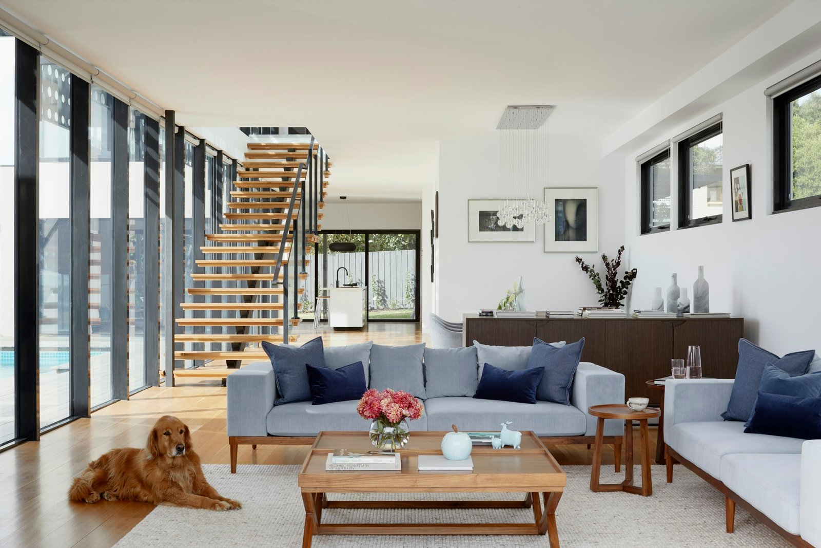 Bright, elegant living room with blue accents in a Rancho Cordova area home